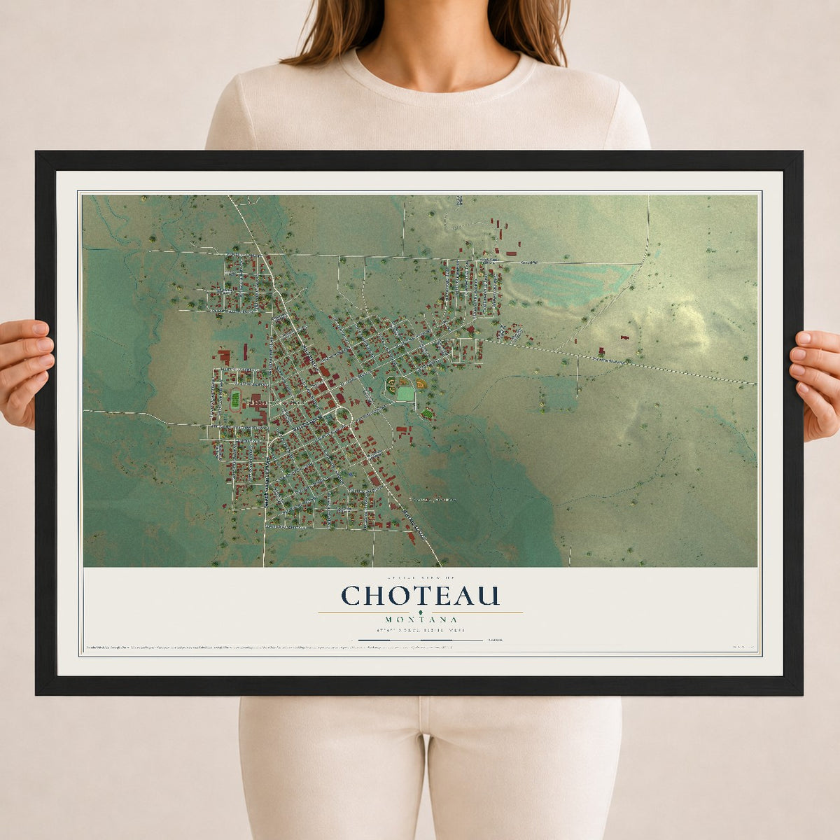 Map of Choteau, Montana, 18 x 24 inch print in a black wood frame