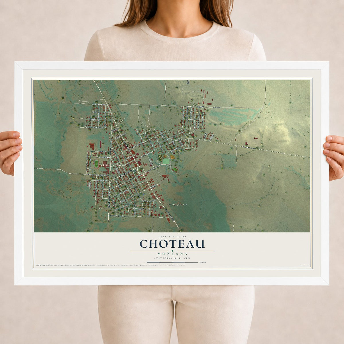 Map of Choteau, Montana, 18 x 24 inch print in a white wood frame