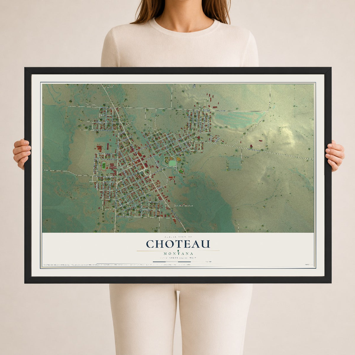 Map of Choteau, Montana, 24 x 36 inch print in a black wood frame