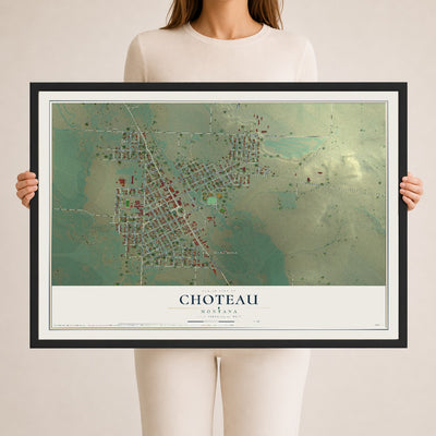 Map of Choteau, Montana, 24 x 36 inch print in a black wood frame