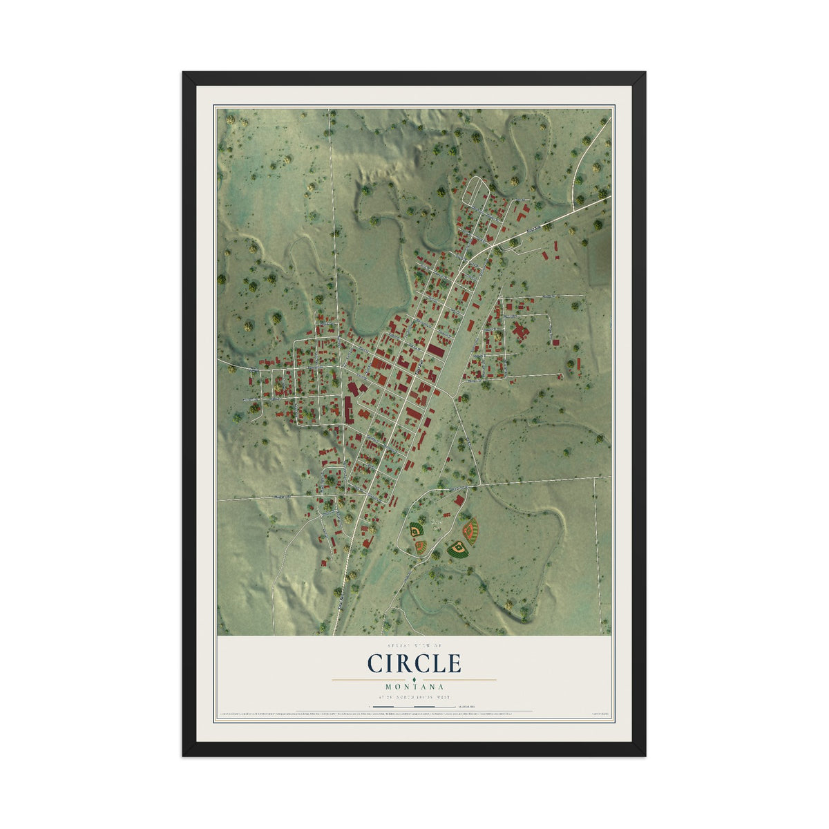 Map of Circle, Montana, 12 x 18 inch print in a black wood frame