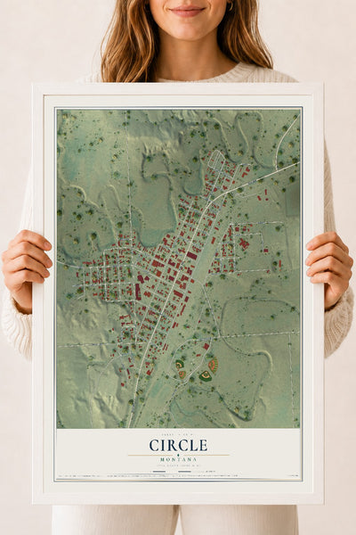 Map of Circle, Montana, 18 x 24 inch print in a white wood frame