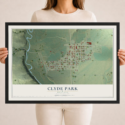 Map of Clyde Park, Montana, 18 x 24 inch print in a black wood frame