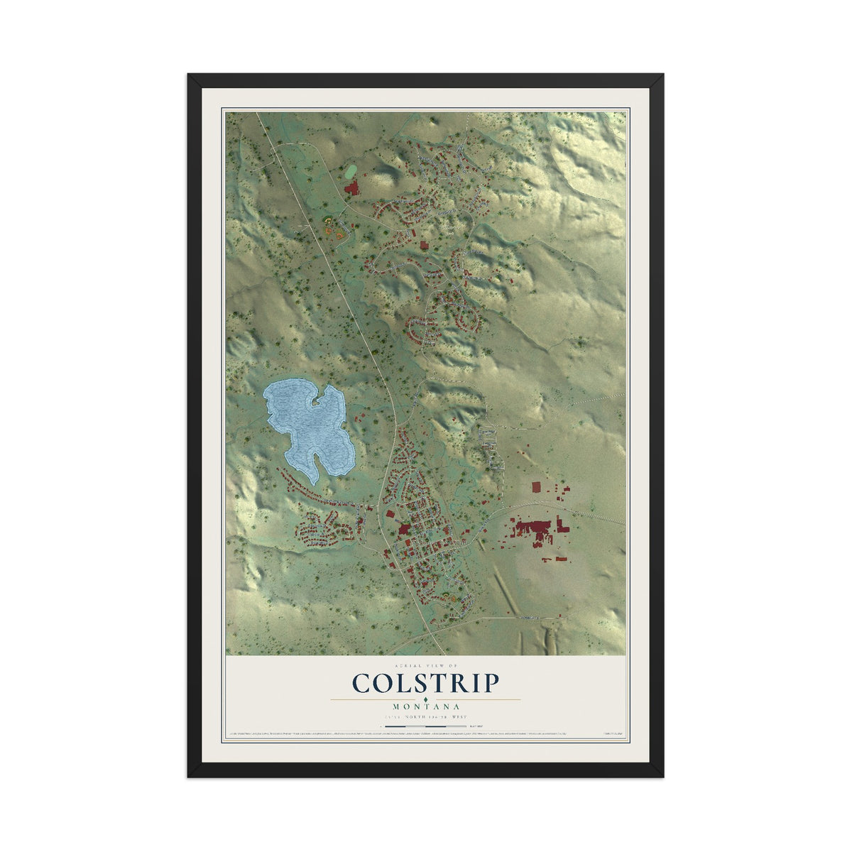 Map of Colstrip, Montana, 12 x 18 inch print in a black wood frame