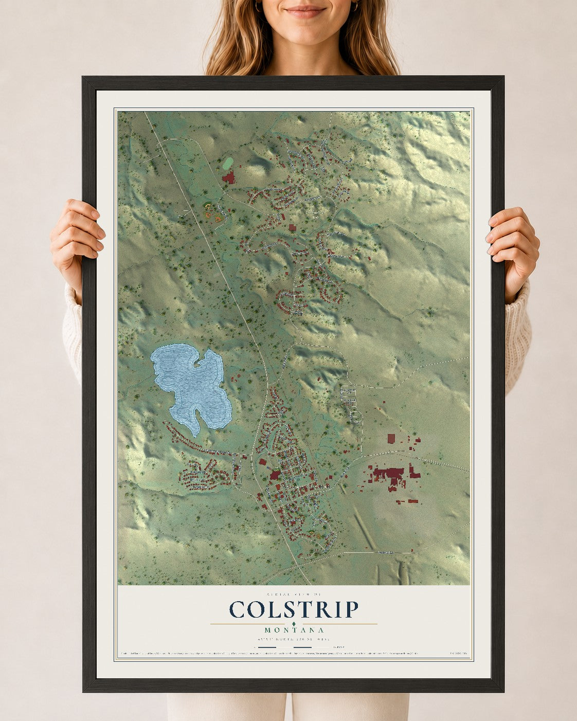 Map of Colstrip, Montana, 24 x 36 inch print in a black wood frame