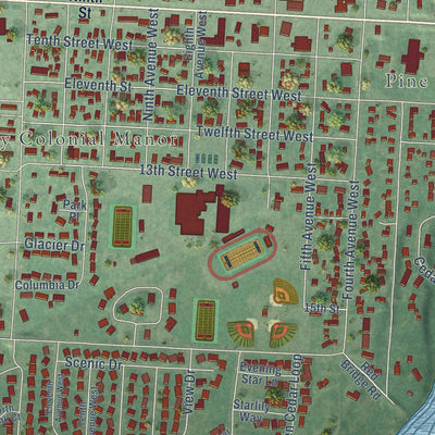 Close-up of the map of Columbia Falls, Montana print showing street and building detail