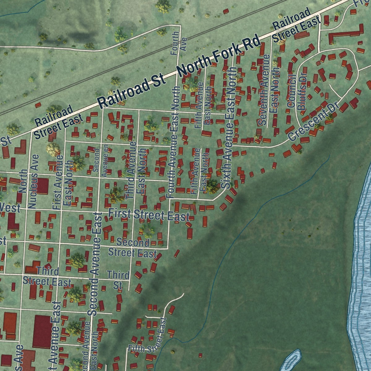 Second close-up of the map of Columbia Falls, Montana print showing more streets and buildings