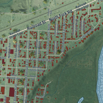 Second close-up of the map of Columbia Falls, Montana print showing more streets and buildings