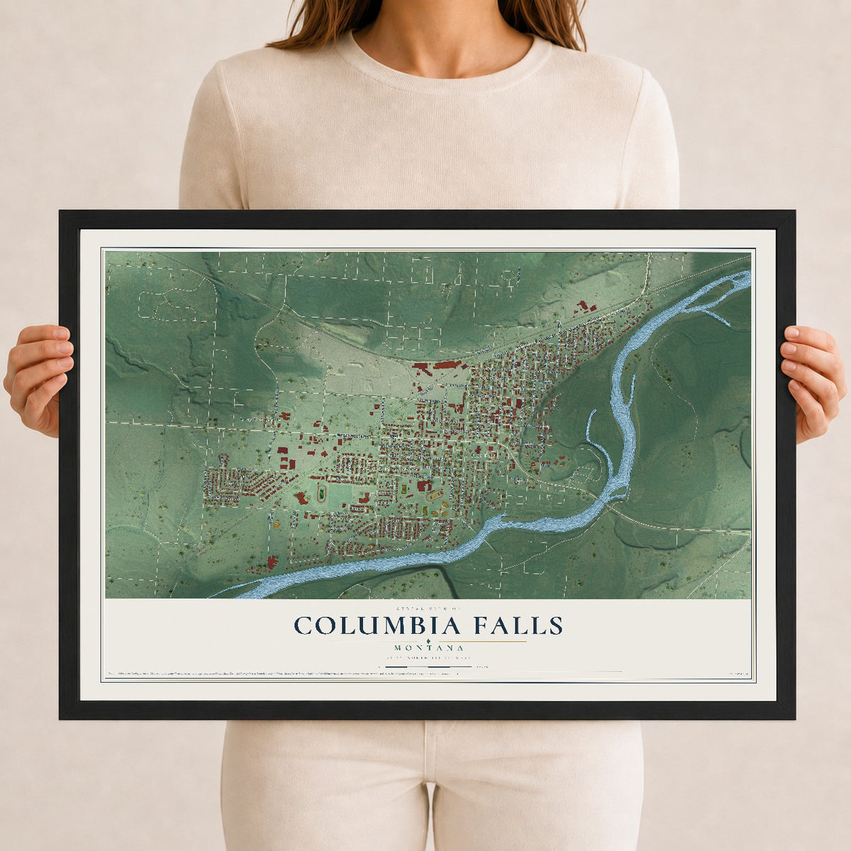 Map of Columbia Falls, Montana, 12 x 18 inch print in a black wood frame