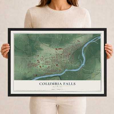 Map of Columbia Falls, Montana, 12 x 18 inch print in a black wood frame