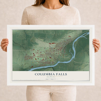 Map of Columbia Falls, Montana, 12 x 18 inch print in a white wood frame