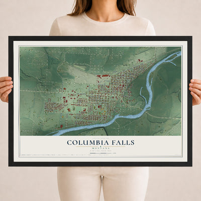 Map of Columbia Falls, Montana, 18 x 24 inch print in a black wood frame