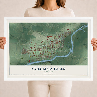 Map of Columbia Falls, Montana, 18 x 24 inch print in a white wood frame