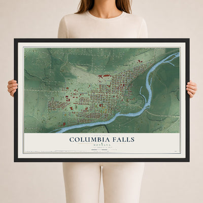 Map of Columbia Falls, Montana, 24 x 36 inch print in a black wood frame
