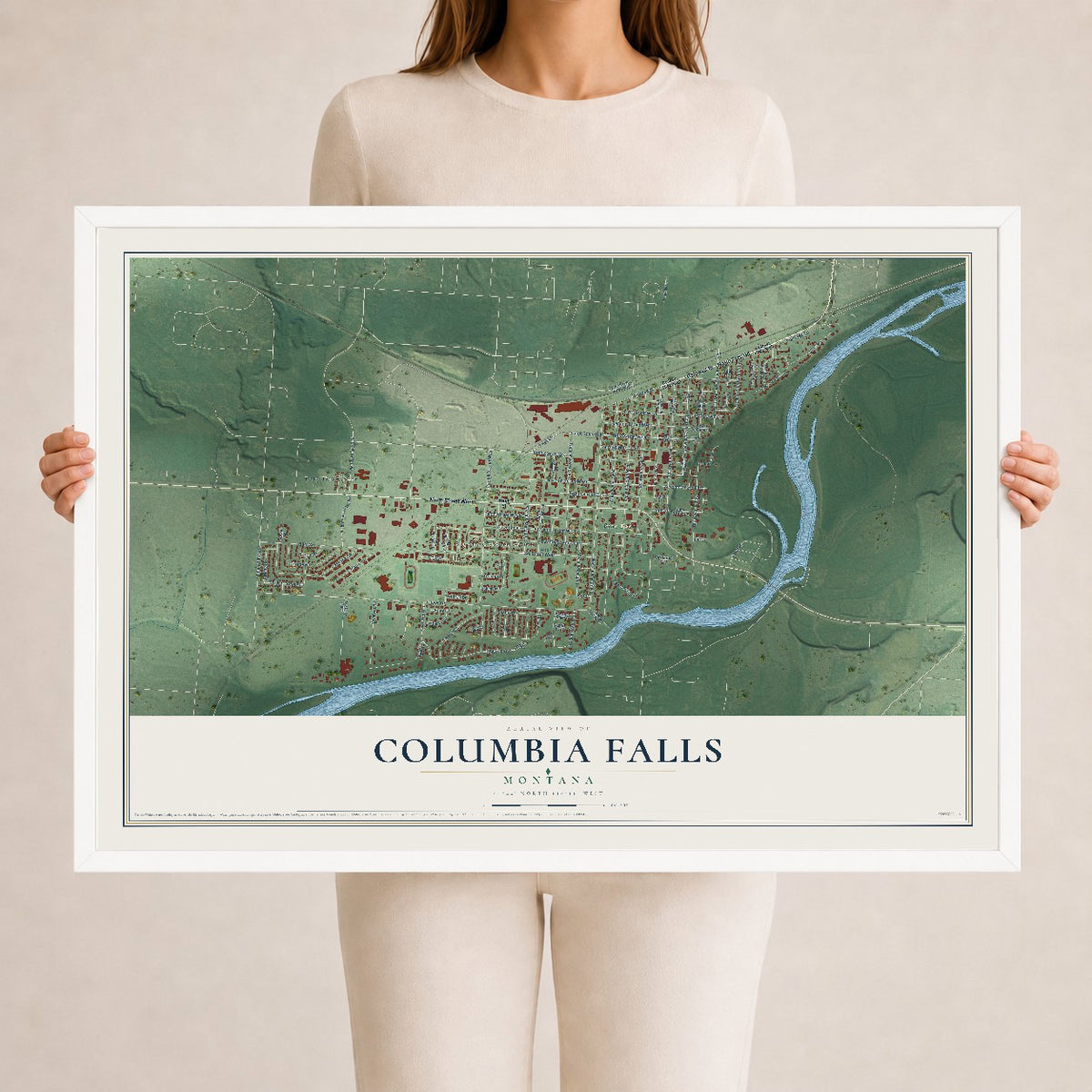 Map of Columbia Falls, Montana, 24 x 36 inch print in a white wood frame