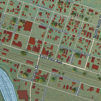 Second close-up of the map of Columbus, Montana print showing more streets and buildings