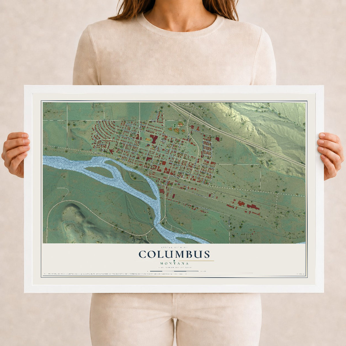 Map of Columbus, Montana, 12 x 18 inch print in a white wood frame