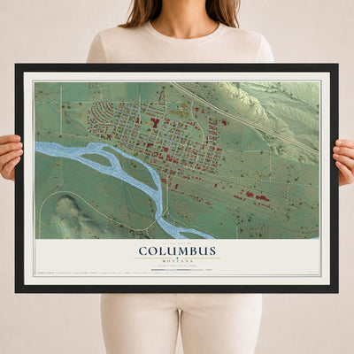 Map of Columbus, Montana, 18 x 24 inch print in a black wood frame