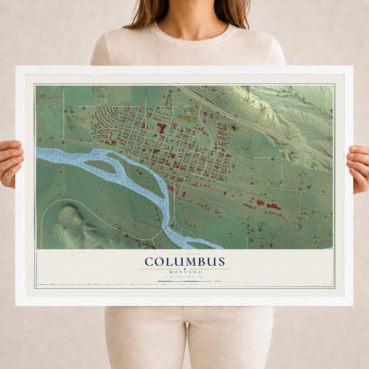 Map of Columbus, Montana, 18 x 24 inch print in a white wood frame
