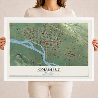 Map of Columbus, Montana, 18 x 24 inch print in a white wood frame