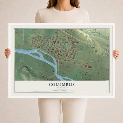 Map of Columbus, Montana, 24 x 36 inch print in a white wood frame
