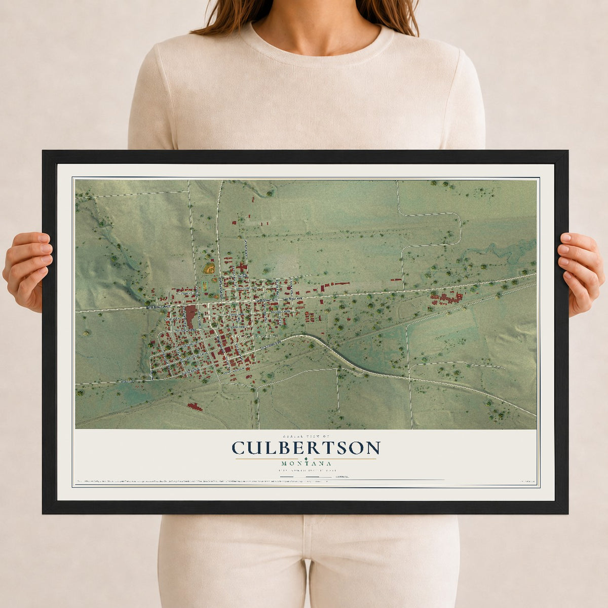 Map of Culbertson, Montana, 12 x 18 inch print in a black wood frame