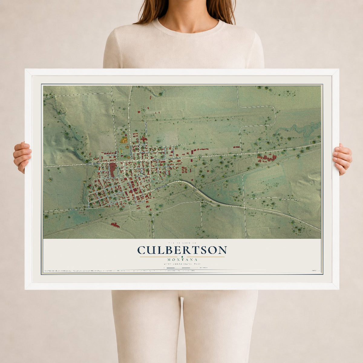 Map of Culbertson, Montana, 24 x 36 inch print in a white wood frame