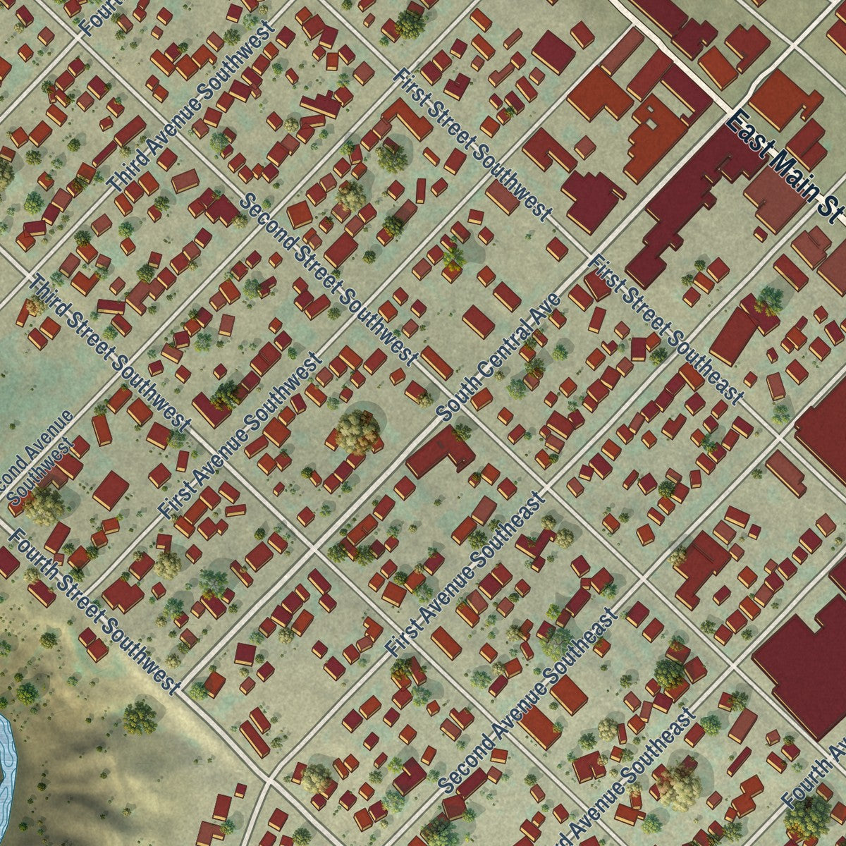 Close-up of the map of Cut Bank, Montana print showing street and building detail