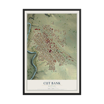 Map of Cut Bank, Montana, 12 x 18 inch print in a black wood frame