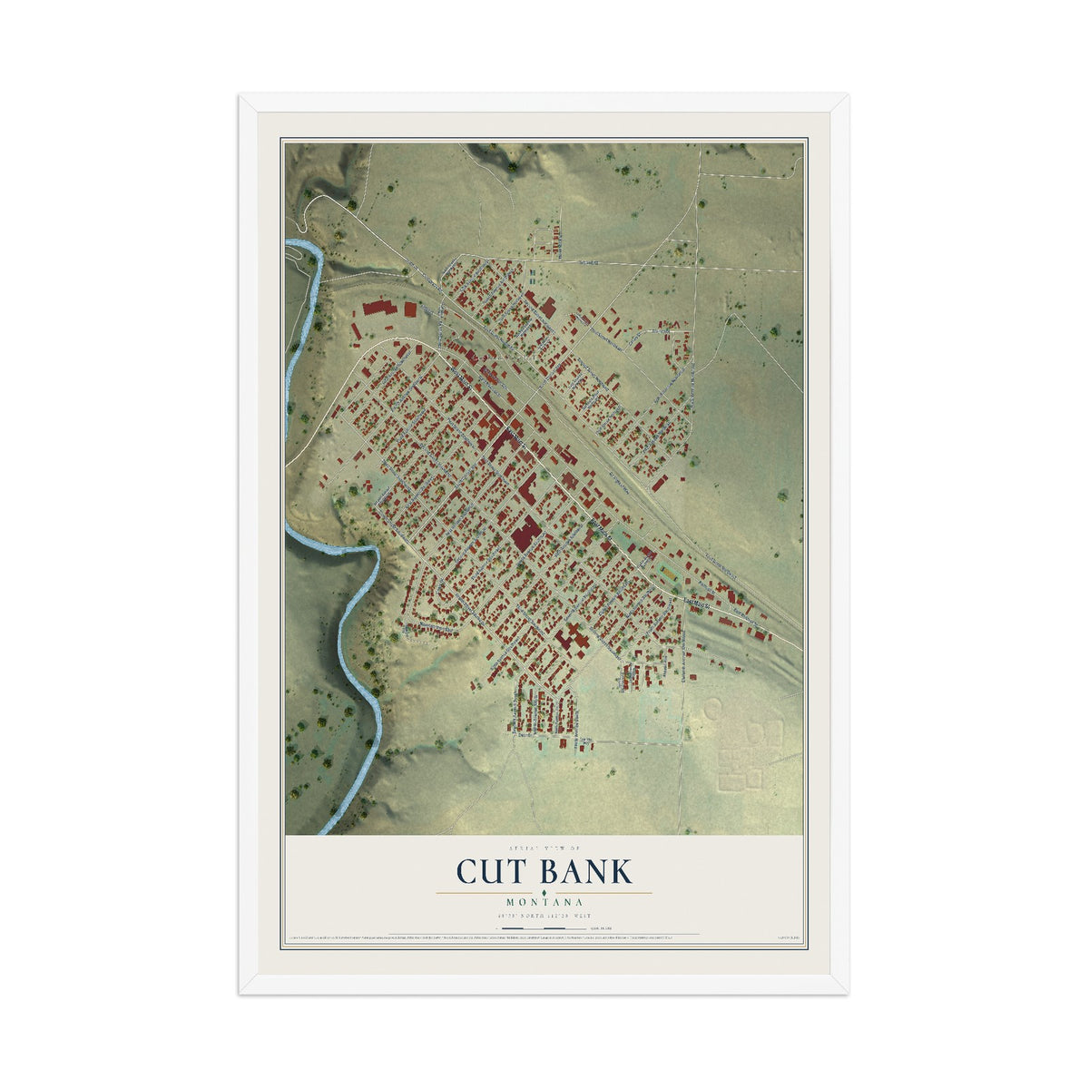 Map of Cut Bank, Montana, 12 x 18 inch print in a white wood frame