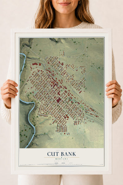 Map of Cut Bank, Montana, 18 x 24 inch print in a white wood frame
