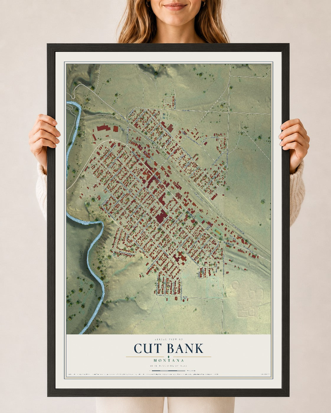 Map of Cut Bank, Montana, 24 x 36 inch print in a black wood frame