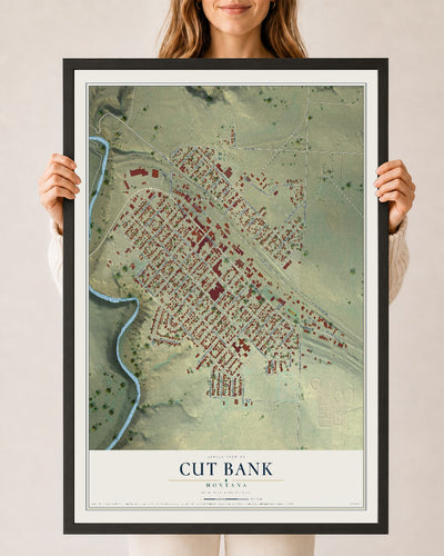 Map of Cut Bank, Montana, 24 x 36 inch print in a black wood frame
