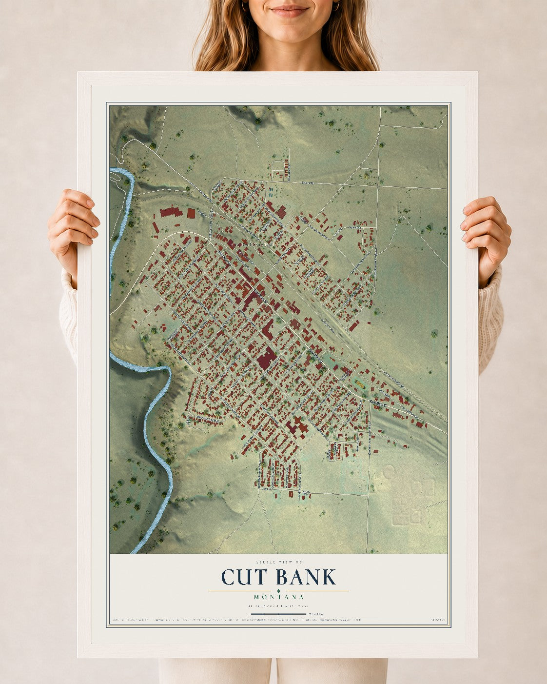 Map of Cut Bank, Montana, 24 x 36 inch print in a white wood frame
