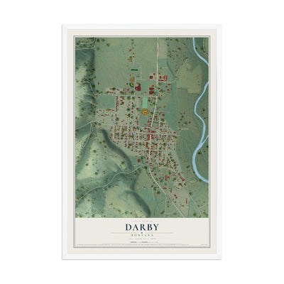 Map of Darby, Montana, 12 x 18 inch print in a white wood frame