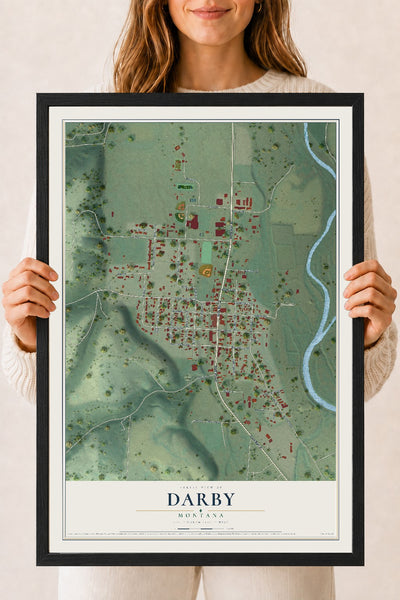 Map of Darby, Montana, 18 x 24 inch print in a black wood frame