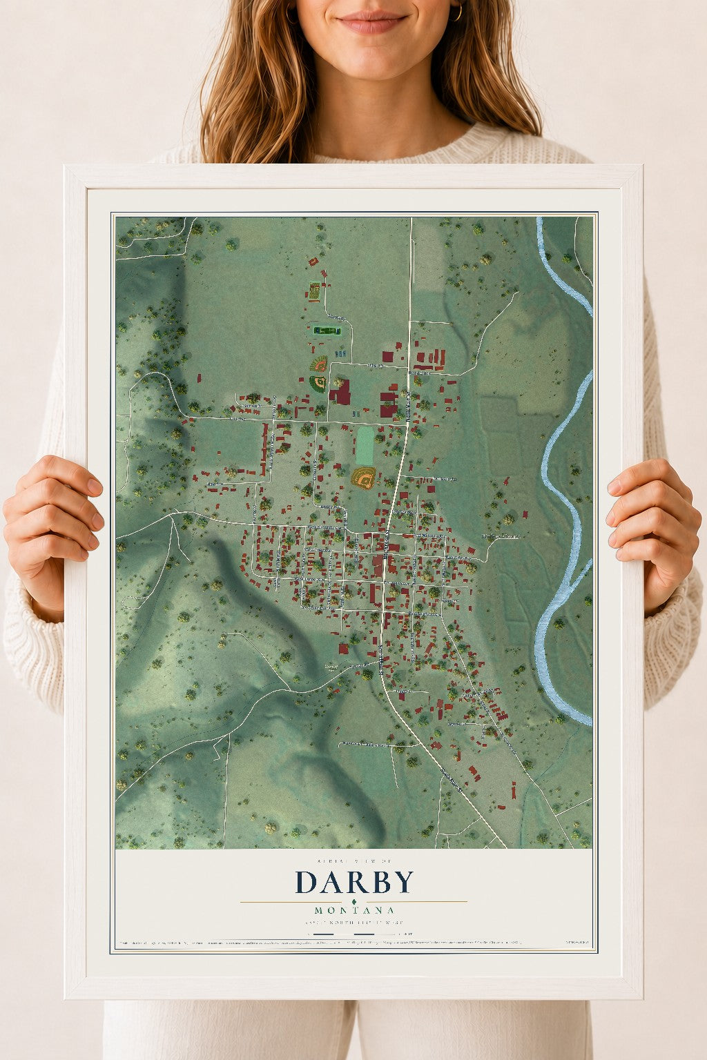 Map of Darby, Montana, 18 x 24 inch print in a white wood frame