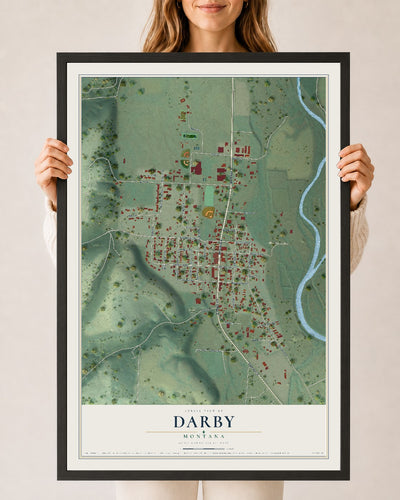 Map of Darby, Montana, 24 x 36 inch print in a black wood frame