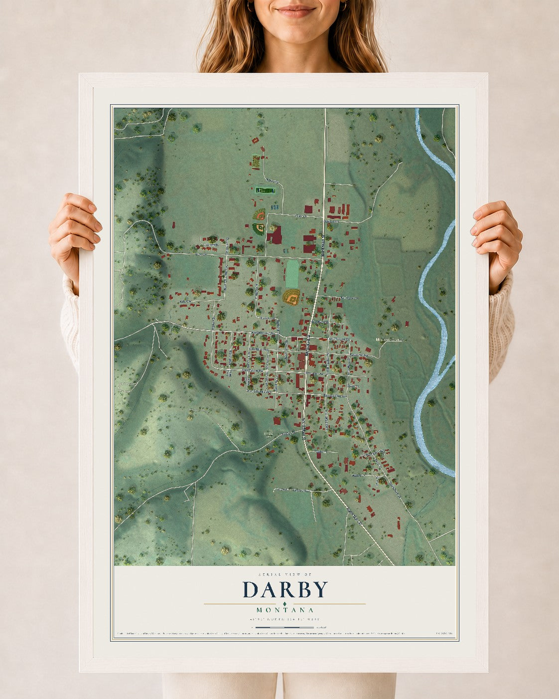 Map of Darby, Montana, 24 x 36 inch print in a white wood frame