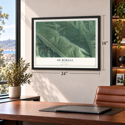 De Borgia, Montana map, 18 x 24 inch print in a black frame in a home office