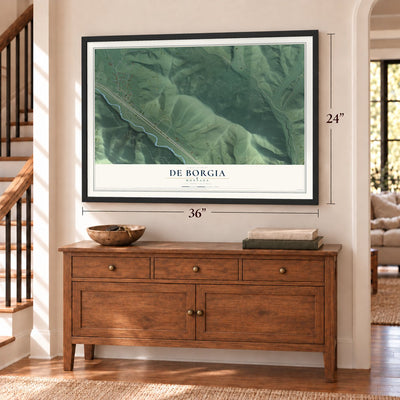 De Borgia, Montana map, 24 x 36 inch print in a black frame above a dresser by a staircase