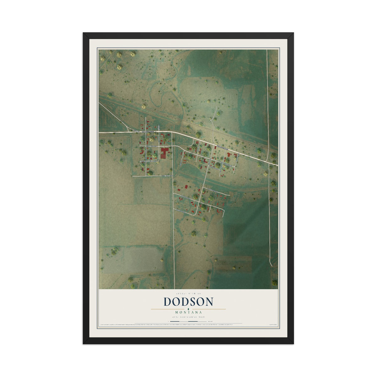 Map of Dodson, Montana, 12 x 18 inch print in a black wood frame