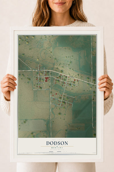 Map of Dodson, Montana, 18 x 24 inch print in a white wood frame