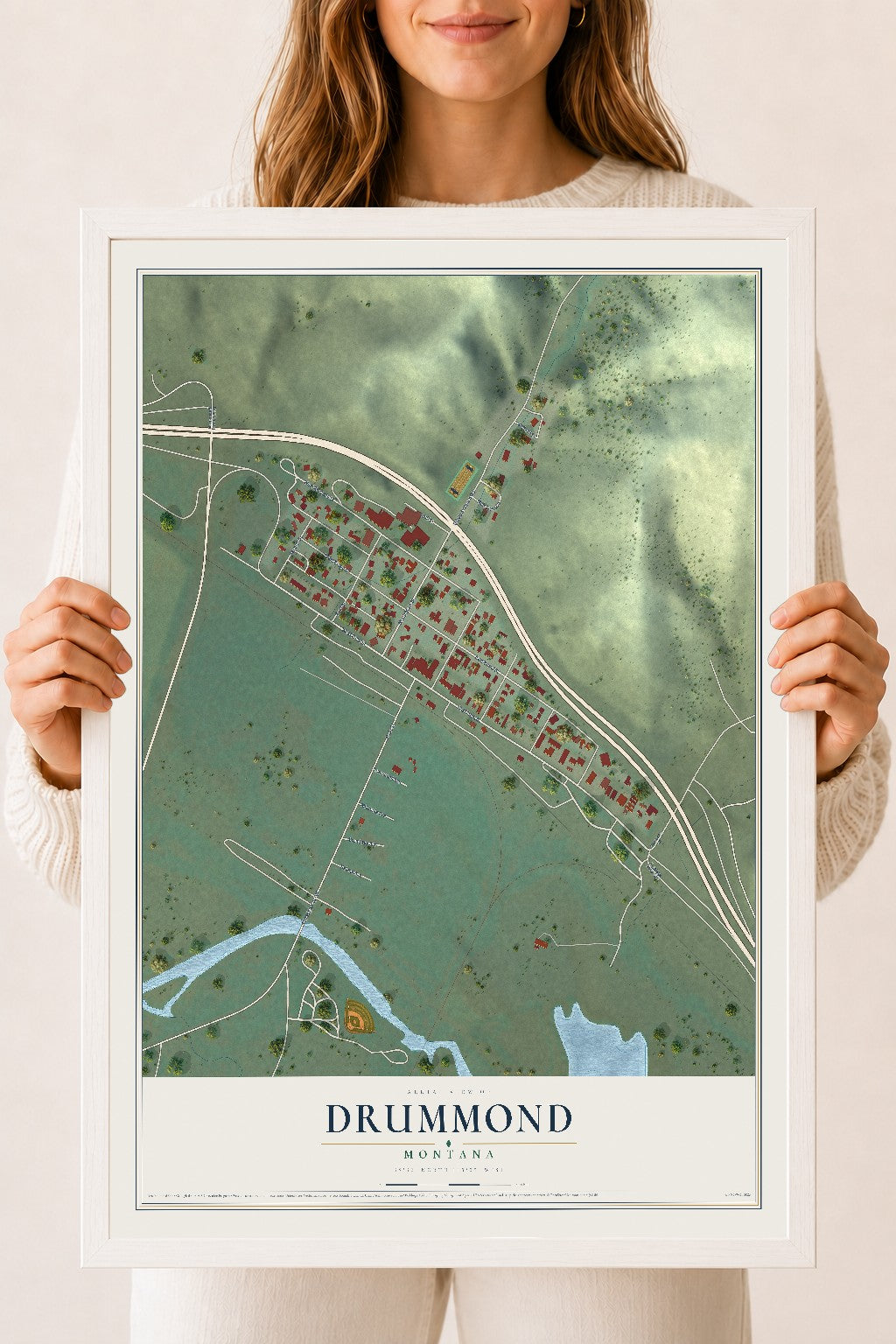 Map of Drummond, Montana, 18 x 24 inch print in a white wood frame