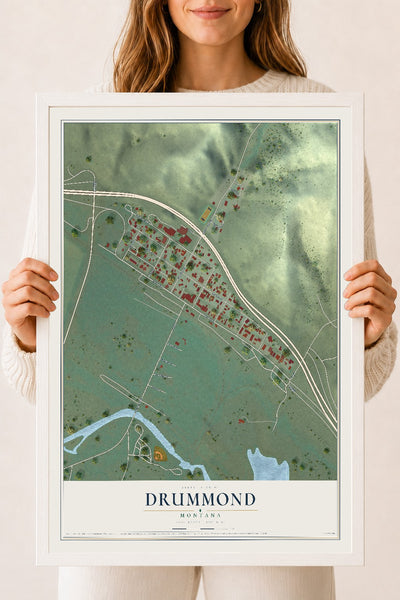Map of Drummond, Montana, 18 x 24 inch print in a white wood frame