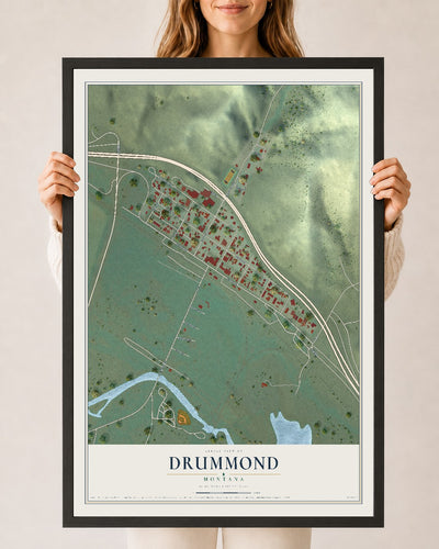 Map of Drummond, Montana, 24 x 36 inch print in a black wood frame