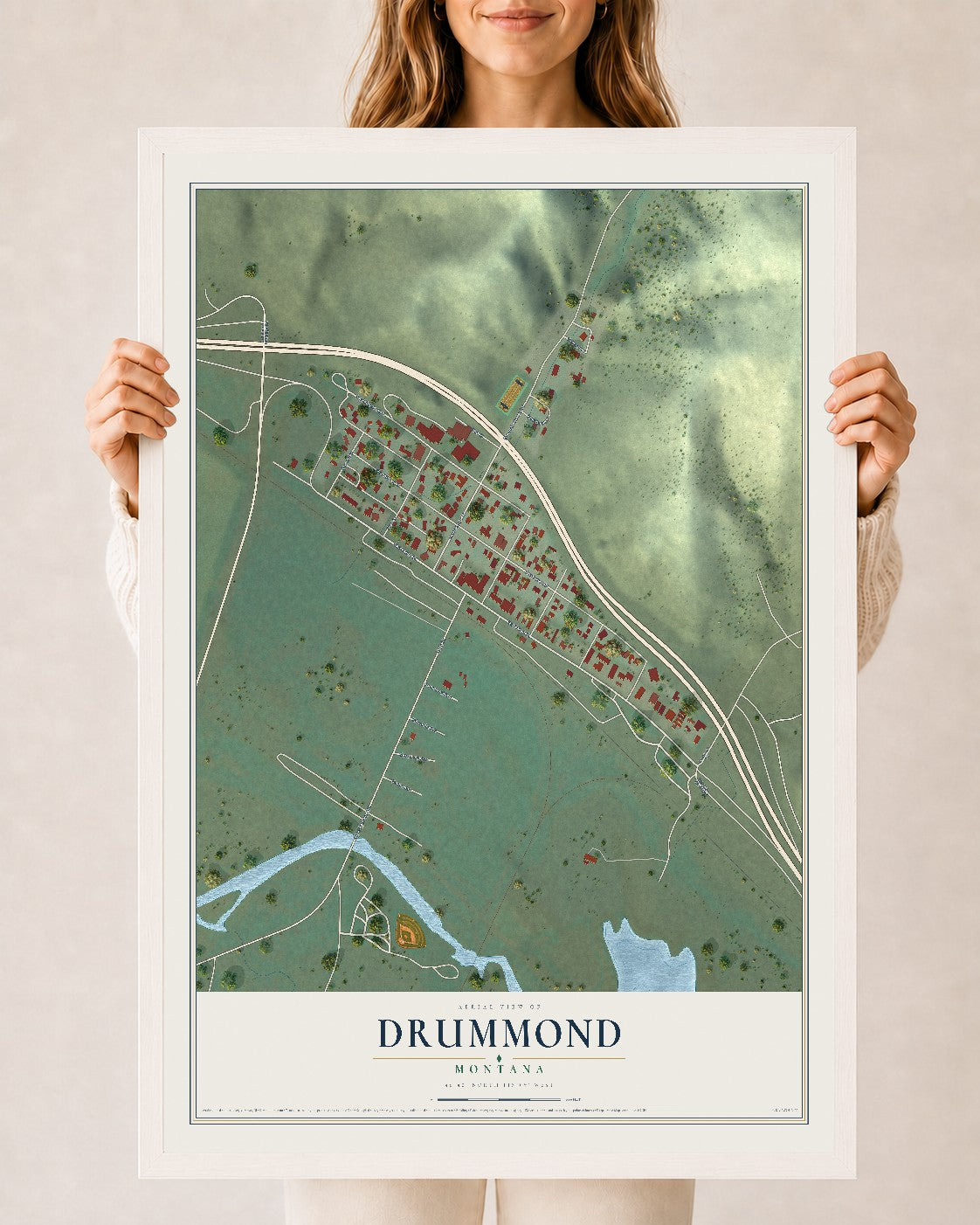 Map of Drummond, Montana, 24 x 36 inch print in a white wood frame