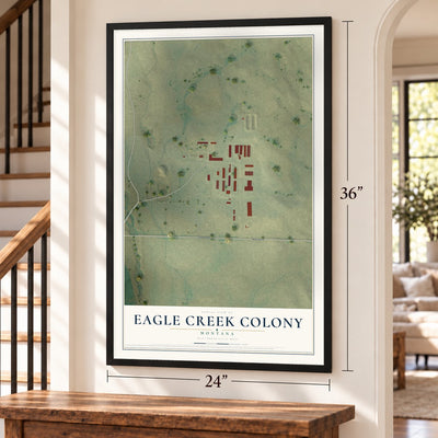 Eagle Creek Colony, Montana map, 24 x 36 inch print in a black frame by a staircase