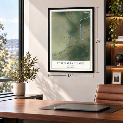 East Malta Colony, Montana map, 18 x 24 inch print in a black frame in a home office