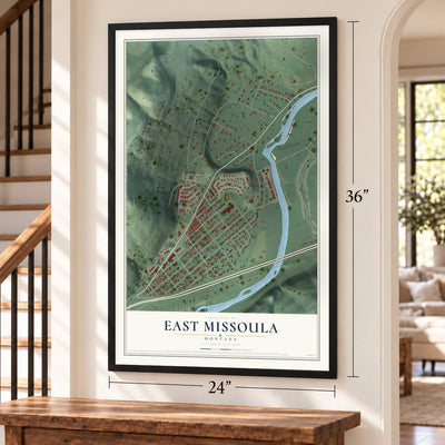 East Missoula, Montana map, 24 x 36 inch print in a black frame by a staircase